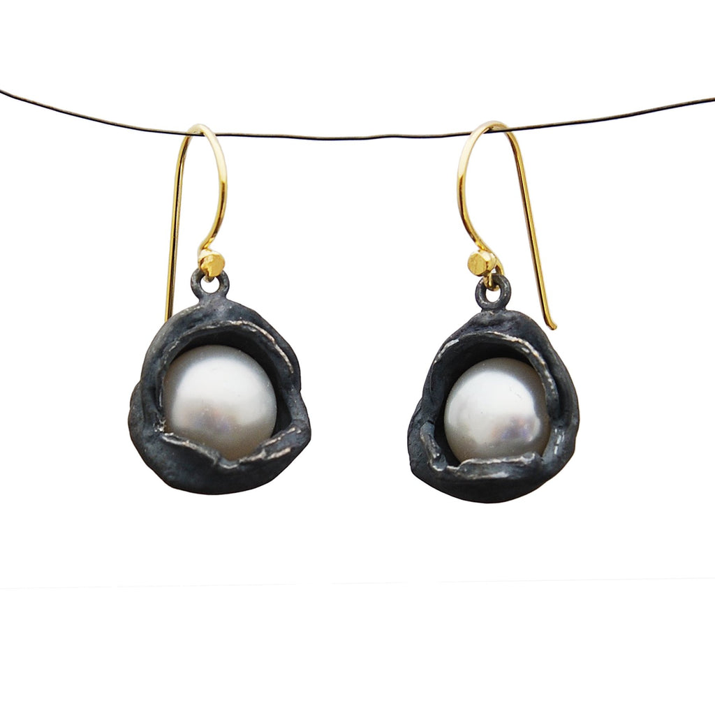 Oxidized Silver Water Droplet Dangles With Pearls