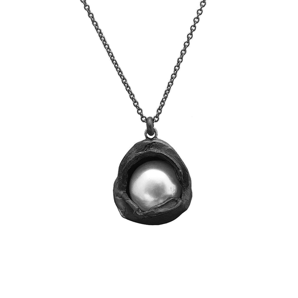 Oxidized Silver Water Droplet Pendant With Pearl