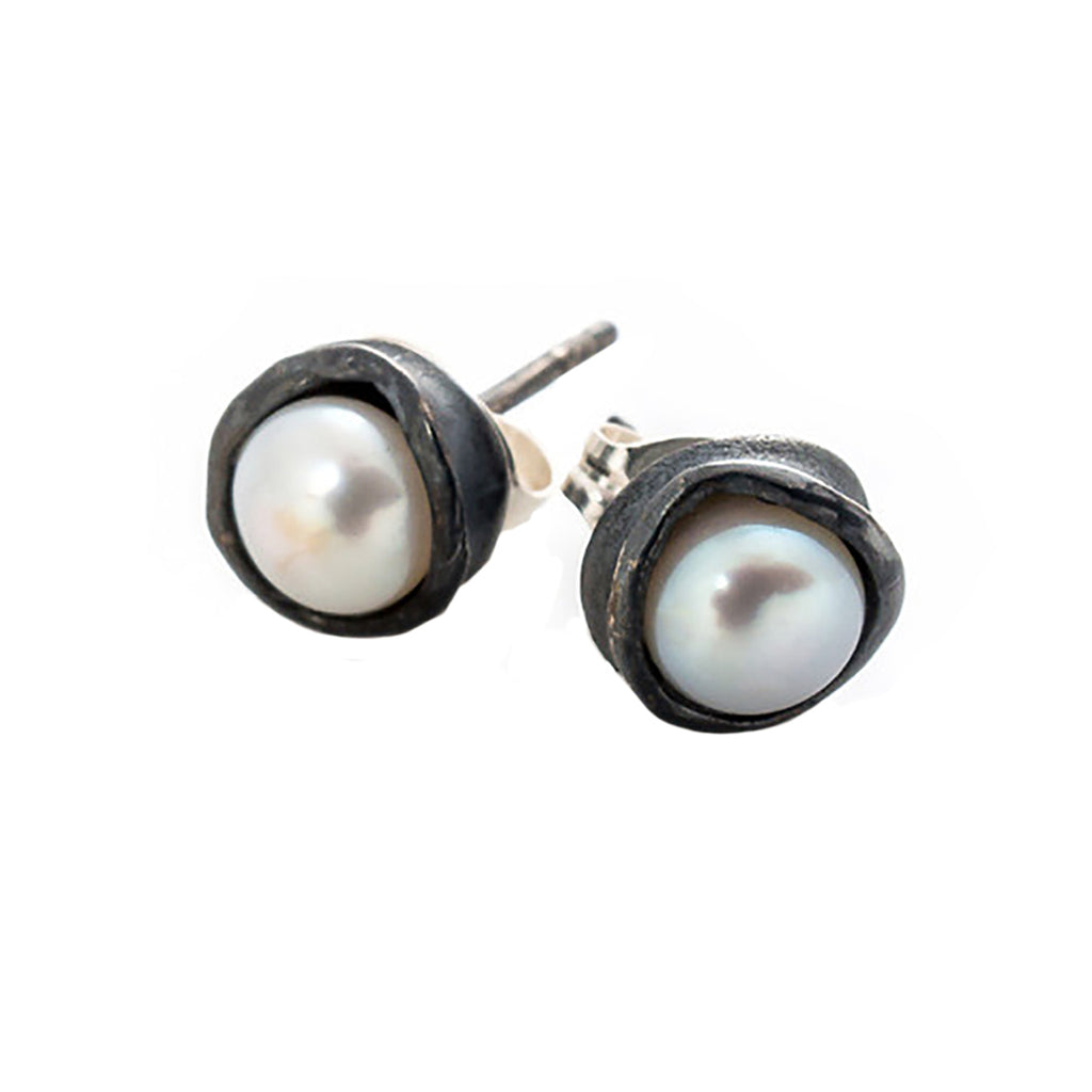Oxidized Silver Water Droplet Studs With White Pearls